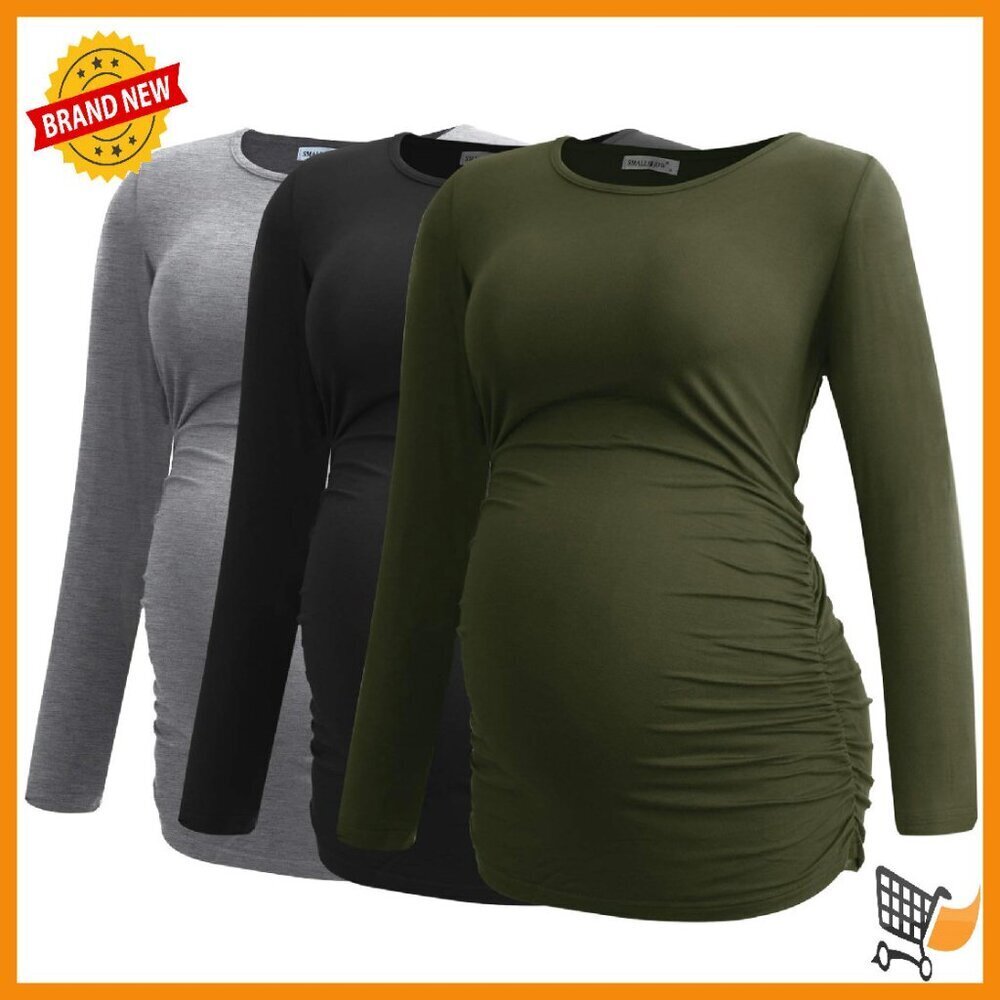 Maternity Long Sleeve Tops 3-Pack Stretchy Rayon Side Ruched